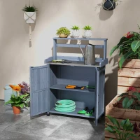 Outsunny Outdoor Wooden Potting Bench with Storage Cabinet, Shelves, Galvanized Plated Tabletop for Backyard, Balcony, Gray(m-7)