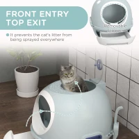 PawHut Cat Litter Box Toilet with Lid, Covered Litter Box with Scoop, Enclosed Drawer and Skylight, Blue(m-5)