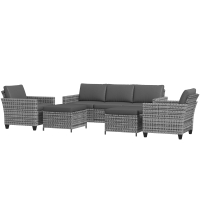 Outsunny 5-Piece Patio Furniture Set with PE Rattan Three-Seater Sofa, Armchairs, Footstools, Cushions, Mixed Gray