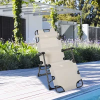 Outsunny Folding Chaise Lounge Chair for Outside, 2-in-1 Tanning Chair with Pillow & Pocket, Adjustable Pool Chair for Beach, Patio, Lawn, Deck, Cream White(m-10)