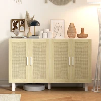 HOMCOM Boho Kitchen Cabinet, Buffet Cabinet with 4 Rattan Doors and Adjustable Shelves for Dining Room, White and Natural(m-2)