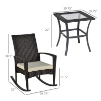 Outsunny 3 Pieces Patio Wicker Rocking Chair Set,  Outdoor PE Rattan Bistro Set Conversation Rocker Set with 2 Chairs 1 Coffee Table for Backyard, Deck, Poolside, Dark Grey(m-3)