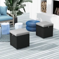 Outsunny 2 Pieces Wicker Outdoor Ottoman with Storage, Removable Cushion, Square Outdoor Footstool, Seating, Side Table, Grey(m-8)