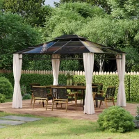 Outsunny 10' x 12' Outdoor Hardtop Gazebo Canopy w/ Double PC Roof, Steel Frame, Nettings, Curtains for Garden Lawn Deck, Khaki(m-8)