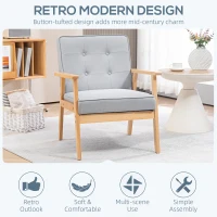 HOMCOM Modern Armchair Fabric, Accent Chair with Tufted Back, Wood Legs and Thick Padding for Living Room, Bedroom, Light Grey(m-4)