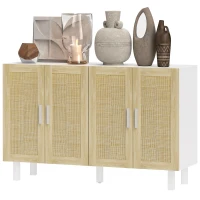 HOMCOM Boho Kitchen Cabinet, Buffet Cabinet with 4 Rattan Doors and Adjustable Shelves for Dining Room, White and Natural(m-1)