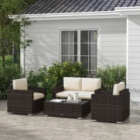 Outsunny 4 Pieces Rattan Sofa Set Wicker Patio Sofa Set with Loveseat Chairs Glass Top Coffee Table for Garden Outdoor Khaki(m-2)