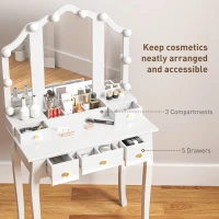HOMCOM Makeup Vanity Table with Stool, Vanity Set with 10 LED Lights, 5 Drawers and 3 Compartments, White(m-5)