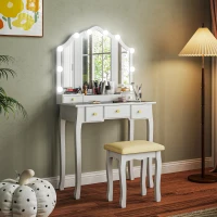 HOMCOM Makeup Vanity Table with Stool, Vanity Set with 10 LED Lights, 5 Drawers and 3 Compartments, White(m-1)
