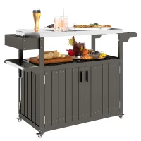 Outsunny Outdoor Bar Cart with Storage, Stainless Steel Outdoor Bar Table Top, Wheeled HDPE Kitchen Island for Food Prep, Gray(m-11)