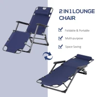 Outsunny Folding Chaise Lounge Chair for Outside, 2-in-1 Tanning Chair with Pillow & Pocket, Adjustable Pool Chair for Beach, Patio, Lawn, Deck, Navy(m-5)