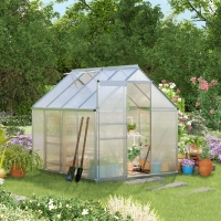 Outsunny 6' x 8' x 6.5' Walk-in Greenhouse, Polycarbonate Greenhouse with Adjustable Roof Vent, Base, Sliding Door, Clear