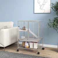 PawHut Rolling Small Animal Cage 34"H Chinchilla Cage for Ferrets, Squirrels w/ Removable Tray, Storage Shelf, Light Grey(m-1)