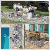Outsunny Outdoor Rug for Patio, 9' x 18' Waterproof Large Mat, Reversible Plastic Straw Rug for Decor, Portable Outside RV Camping Area Carpet Mat for Backyard Porch Deck Picnic, Gray & White Floral(m-5)