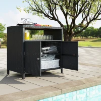 Outsunny Outdoor Storage Cabinet with Acacia Wood Top, Two Doors, Shelf, Wicker Bar Table for Pool Towel Storage, Black(m-9)