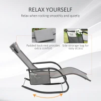Outsunny Patio Rocking Chair with Mesh Fabric, Outdoor Rocking Sling Sun Lounger with Removable Headrest and Side Pocket for Garden, Deck, Lawn, Grey(m-6)