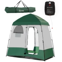 Outsunny Outdoor Portable Pop Up Shower Tent Changing Tent Privacy Enclosure with 2 Rooms, Shower Bag, Floor for Camping, Green(m-2)