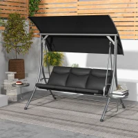 Outsunny 3 Seat Outdoor Swing Chair Steel Swing Bench Porch Swing With Adjustable Canopy & Coffee Tables & Cushion for Patio Garden, Black(m-8)