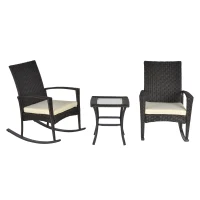 Outsunny 3 Pieces Patio Wicker Rocking Chair Set,  Outdoor PE Rattan Bistro Set Conversation Rocker Set with 2 Chairs 1 Coffee Table for Backyard, Deck, Poolside, Dark Grey(m-11)