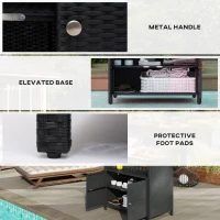 Outsunny Outdoor Storage Cabinet with Acacia Wood Top, Two Doors, Shelf, Wicker Bar Table for Pool Towel Storage, Black(m-7)
