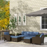 Outsunny 5-Piece Patio Furniture Set with PE Rattan Three-Seater Sofa, Armchairs, Footstools, Cushions, Deep Coffee(m-10)