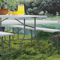 Outsunny 6FT 3 PCS Portable Camping Table and Chairs, Folding Picnic Table Bench Set with Carrying Handles for BBQ, Party, White(m-7)
