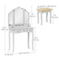 HOMCOM Makeup Vanity Table with Stool, Vanity Set with 10 LED Lights, 5 Drawers and 3 Compartments, White(m-3)