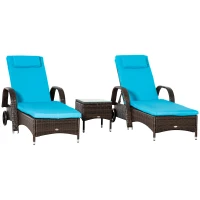 Outsunny 3 Pieces Wicker Patio Lounger Set with Table, PE Rattan Outdoor Lounge Chair Set with Cushions, Wheels, 5-Level Reclining Backrest, Headrest, Brown/Blue(m-11)