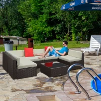 Outsunny 7 Piece Outdoor Patio Sofa Set with Cushions, All Weather PE Rattan, 29.5" Sofa Section, Glass Top Coffee Table for Outdoor Living, Beige(m-8)