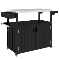 Outsunny Outdoor Bar Cart with Storage, Stainless Steel Outdoor Bar Table Top, Wheeled HDPE Kitchen Island for Food Prep, Black
