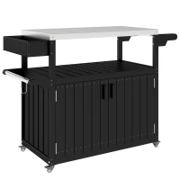 Outsunny Outdoor Bar Cart with Storage, Stainless Steel Outdoor Bar Table Top, Wheeled HDPE Kitchen Island for Food Prep, Black(m-1)