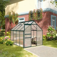 Outsunny 6' x 8' x 6.5' Polycarbonate Greenhouse, Walk-in Green House with Adjustable Roof Vent Galvanized Base Sliding Door Rain Gutter for Outdoor Garden Backyard, Green(m-1)