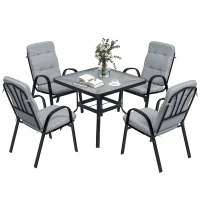 Outsunny 5 Piece Outdoor Square Garden Dining Set w/ Tempered Glass Dining Table 4 Cushioned Armchairs, Umbrella Hole, Grey(m-11)