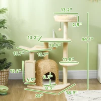 PawHut 44" Cat Tree Tower with Scratching Posts, Cat Condo, Hammock, Bed, Platforms, Toy Balls for Indoor Cats(m-3)