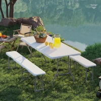 Outsunny 6FT 3 PCS Portable Camping Table and Chairs, Folding Picnic Table Bench Set with Carrying Handles for BBQ, Party, White(m-10)