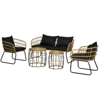 Outsunny 5 Piece PE Rattan Outdoor Furniture Set with Cushioned Chairs, Loveseat Sofa & Stackable Coffee Tables, Black