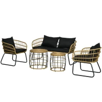 Outsunny 5 Piece PE Rattan Outdoor Furniture Set with Cushioned Chairs, Loveseat Sofa & Stackable Coffee Tables, Black(m-1)