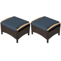 Outsunny 2 Pieces Wicker Outdoor Ottoman with Removable Cushion, Rattan Outdoor Footstool, Footrest and Side Table, Blue(m-2)