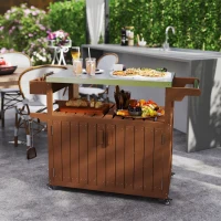 Outsunny Outdoor Bar Cart with Storage, Stainless Steel Outdoor Bar Table Top, Wheeled HDPE Kitchen Island for Food Prep, Brown(m-2)
