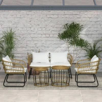 Outsunny 5 Piece PE Rattan Outdoor Furniture Set with Cushioned Chairs, Loveseat Sofa & Stackable Coffee Tables, Cream White(m-10)