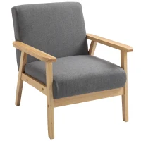 HOMCOM Minimalistic Accent Chairs Wood Frame w/ Thick Linen Cushions Wide Seat Armchair for Bedroom Office, Grey(m-11)