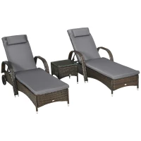 Outsunny 3 Pieces Wicker Patio Lounger Set with Table, PE Rattan Outdoor Lounge Chair Set with Cushions, Wheels, 5-Level Reclining Backrest, Headrest, Brown/Dark Grey(m-11)