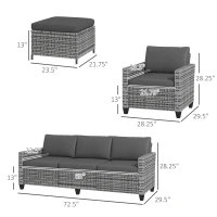 Outsunny 5-Piece Patio Furniture Set with PE Rattan Three-Seater Sofa, Armchairs, Footstools, Cushions, Mixed Gray(m-3)