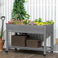 Outsunny Mobile Raised Garden Bed Elevated Wood Planter Box w/ Lockable Wheels, Storage Shelf  for Herbs Vegetables, Dark Grey(m-8)