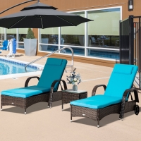 Outsunny 3 Pieces Wicker Patio Lounger Set with Table, PE Rattan Outdoor Lounge Chair Set with Cushions, Wheels, 5-Level Reclining Backrest, Headrest, Brown/Blue