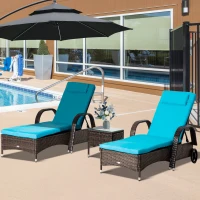 Outsunny 3 Pieces Wicker Patio Lounger Set with Table, PE Rattan Outdoor Lounge Chair Set with Cushions, Wheels, 5-Level Reclining Backrest, Headrest, Brown/Blue(m-1)