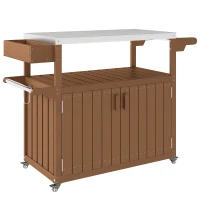 Outsunny Outdoor Bar Cart with Storage, Stainless Steel Outdoor Bar Table Top, Wheeled HDPE Kitchen Island for Food Prep, Brown(m-1)