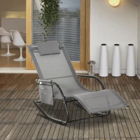 Outsunny Patio Rocking Chair with Mesh Fabric, Outdoor Rocking Sling Sun Lounger with Removable Headrest and Side Pocket for Garden, Deck, Lawn, Grey(m-8)