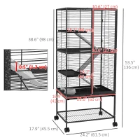 PawHut Rolling Small Animal Cage 53.5"H Chinchilla Cage for Ferrets, Squirrels w/ Removable Tray, Storage Shelf, Dark Grey(m-3)