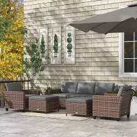 Outsunny 5-Piece Patio Furniture Set with PE Rattan Three-Seater Sofa, Armchairs, Footstools, Cushions, Mixed Brown(m-10)